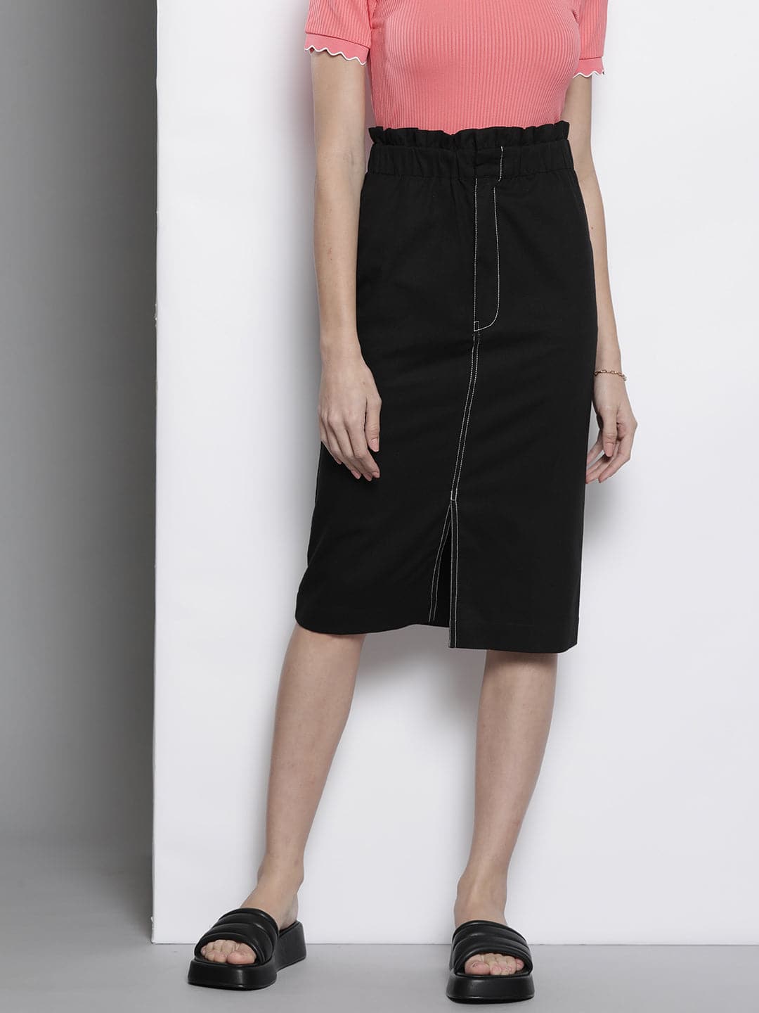 Black Contrast Stitch Twill Pencil Skirt-SASSAFRAS