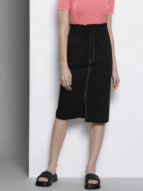 Black Contrast Stitch Twill Pencil Skirt-SASSAFRAS