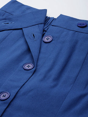Women Blue Twill Front Button Pencil Skirt