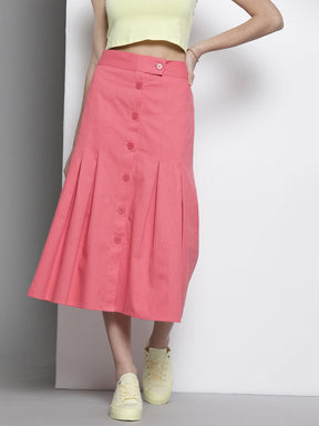 Pink Twill Front Button Pleated Skirt-SASSAFRAS
