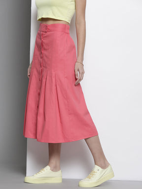 Women Pink Twill Front Button Pleated Skirt