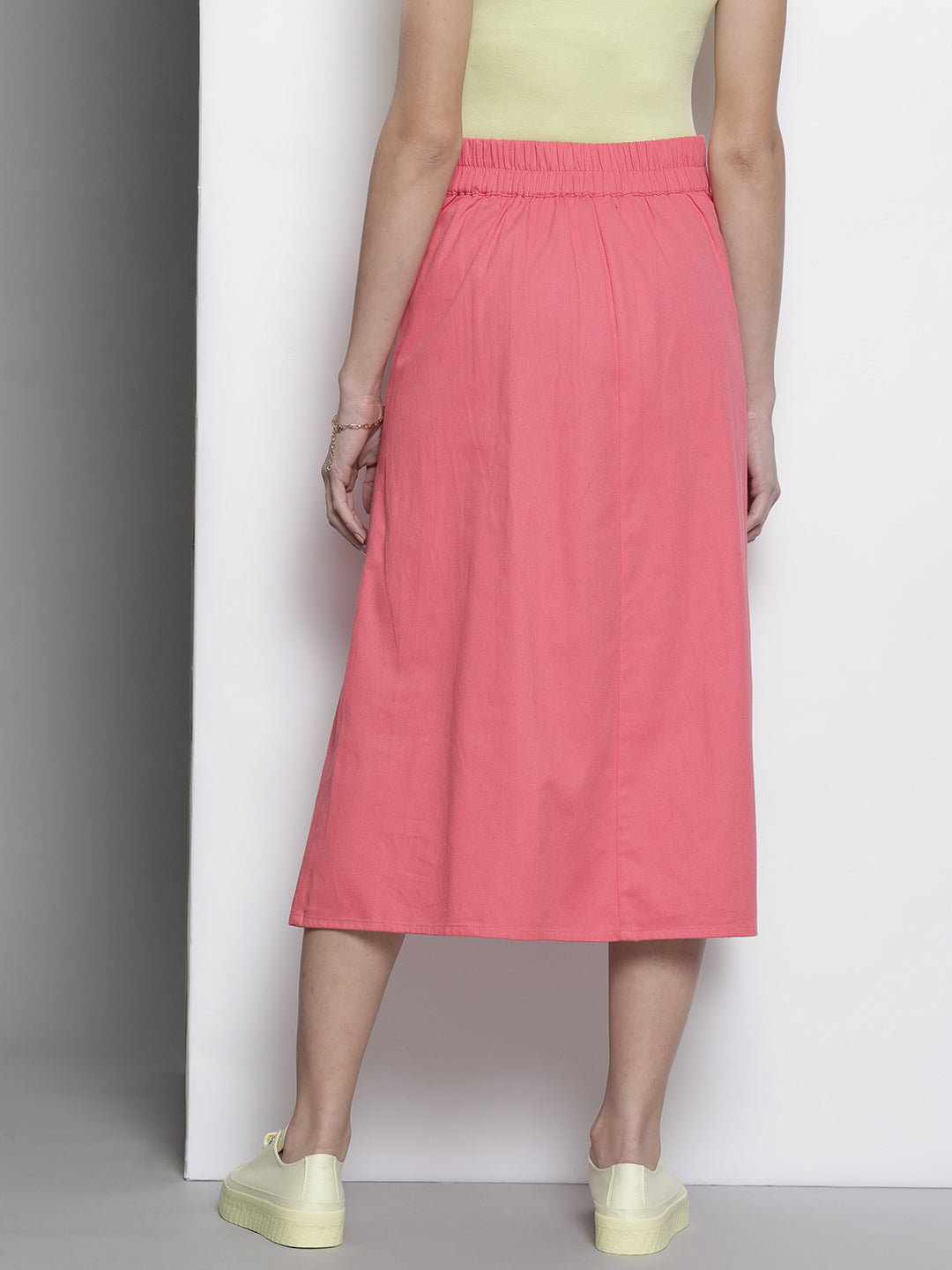 Women Pink Twill Front Button Pleated Skirt