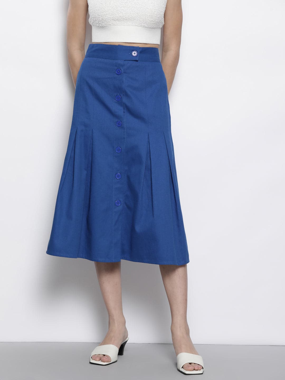Blue Twill Front Button Pleated Skirt-SASSAFRAS