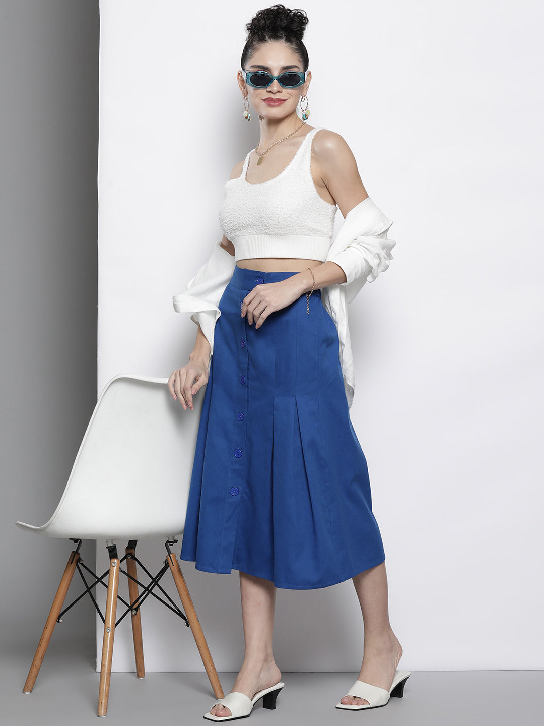 Women Blue Twill Front Button Pleated Skirt
