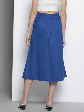 Women Blue Twill Front Button Pleated Skirt