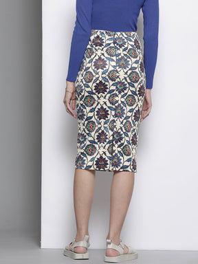 Women Navy Ethnic Motif Scuba Pencil Skirt