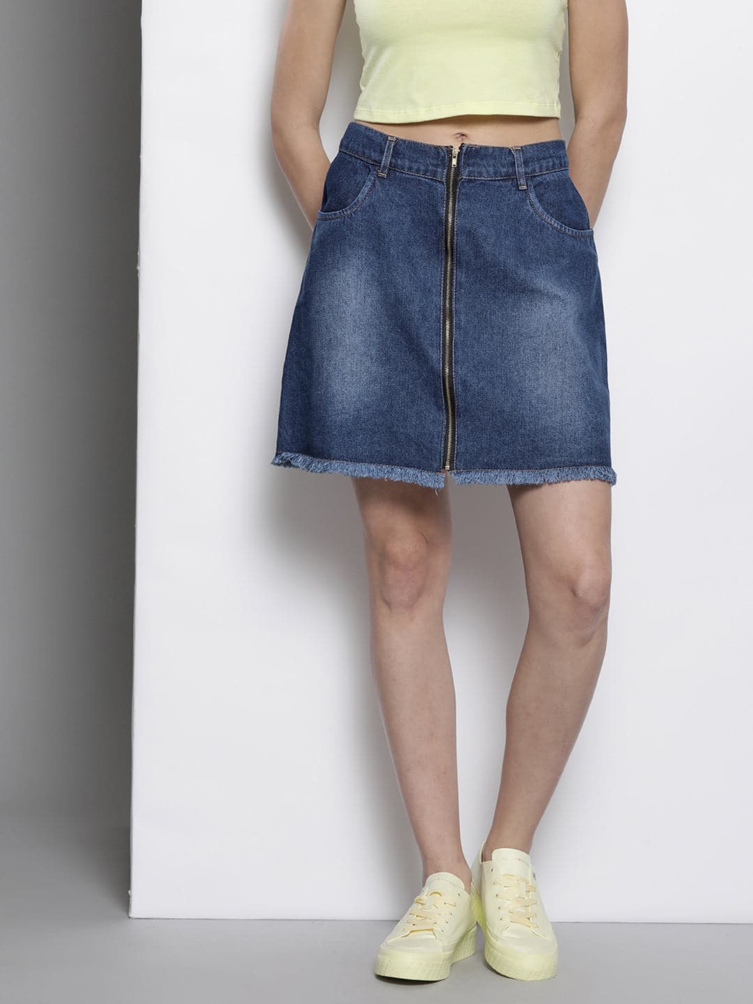 Blue Denim Front Zipper Mini Skirt-SASSAFRAS