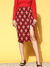 Red Geometric Knit Pencil Skirt-SASSAFRAS