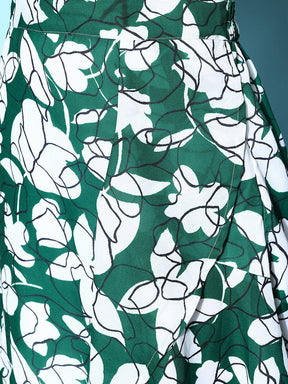 Women Emerald Green & White Floral Cascading Ruffle Skirt