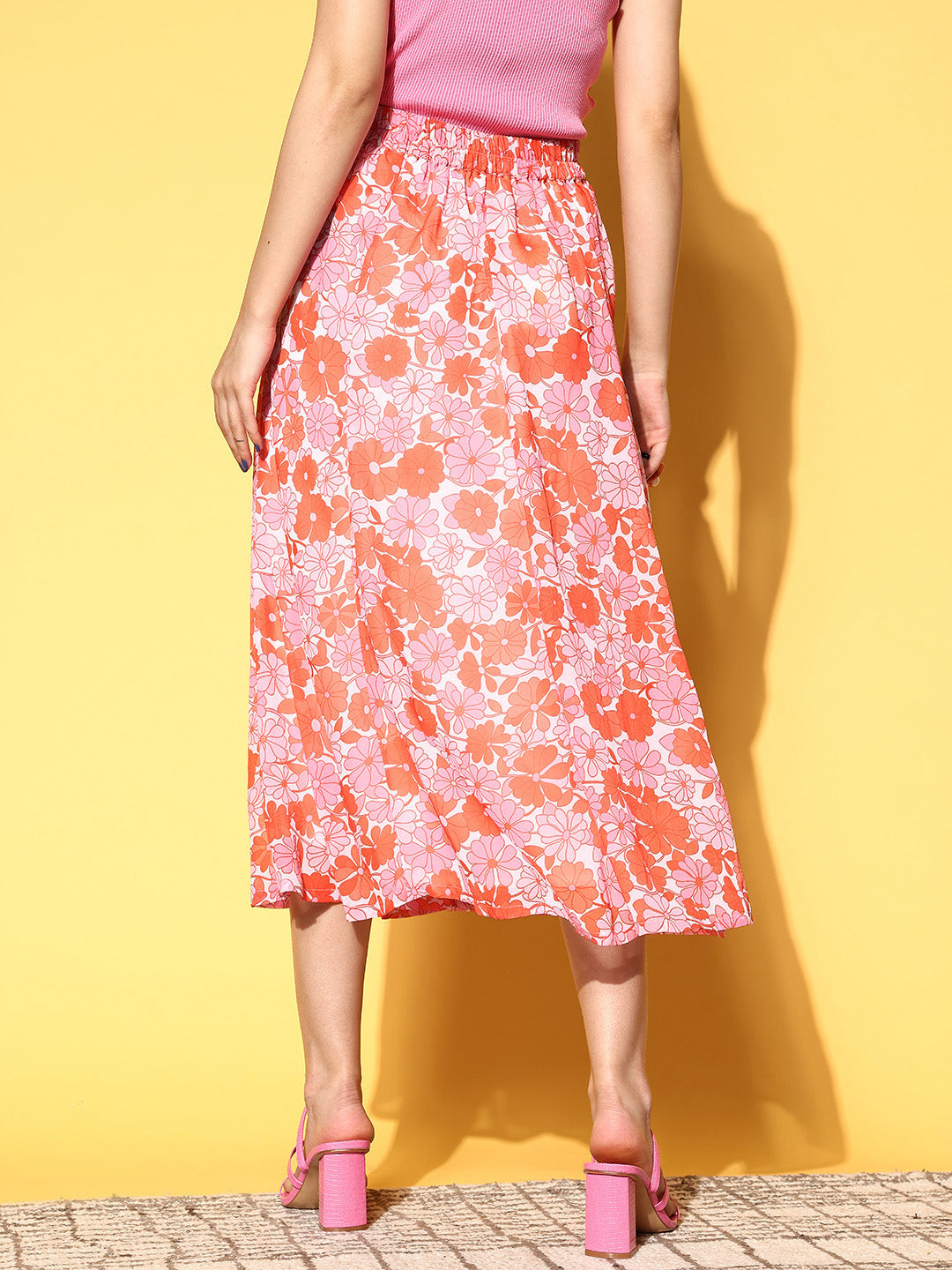 Women Orange & Pink Floral Flared Midi Skirt