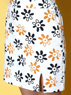Women White Floral Print Mini Skirt