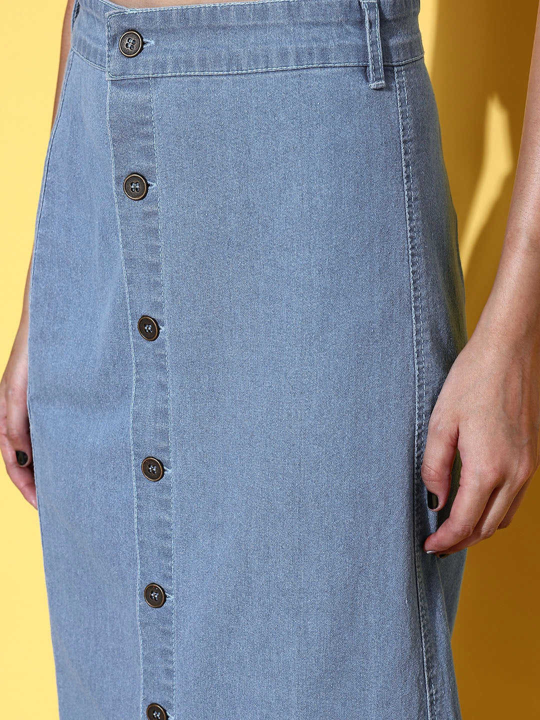Women Blue Front Button Midi Denim Skirt