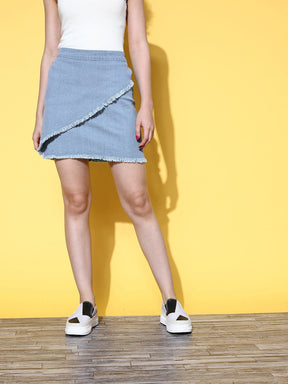 Women Blue Distressed Wrap Mini Denim Skirt