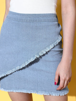 Women Blue Distressed Wrap Mini Denim Skirt
