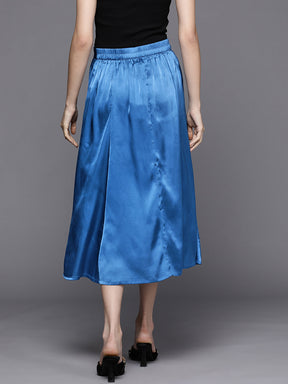Women Blue Satin Front Slit Flared Midi Skirt