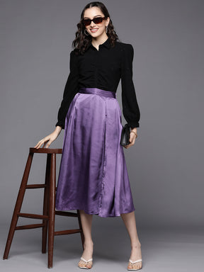 Women Purple Satin Front Slit Flared Midi Skirt