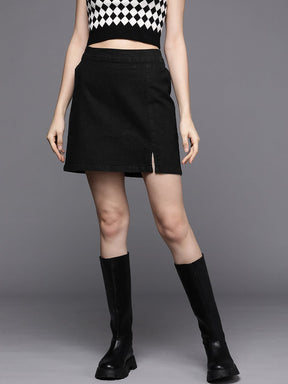 Black Denim Side Slit Mini Skirt-SASSAFRAS