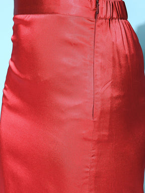 Women Red Lycra Satin Side Slit Midi Skirt