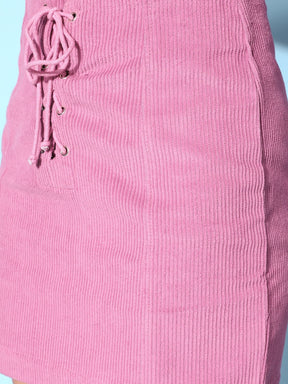 Women Lavender Corduroy Front Tie Up Mini Skirt