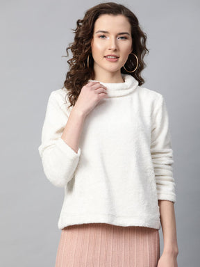 White High Neck Faux Fur Sweatshirt-Sweatshirts-SASSAFRAS