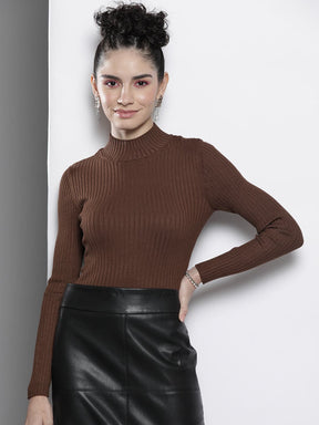 Brown Rib High Neck Full Sleeves Sweater-SASSAFRAS