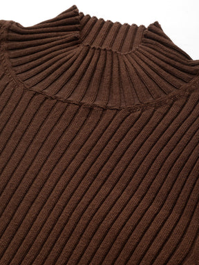 Women Brown Rib High Neck Full Sleeves Sweater