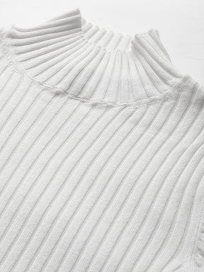 Women White Rib High Neck Full Sleeves Sweater