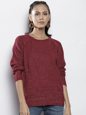 Women Maroon Rib Knit Round Neck Full Sleeves Sweater