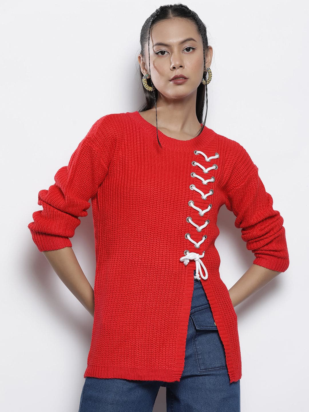 Red Knitted Round Neck Full Sleeves Sweater-SASSAFRAS
