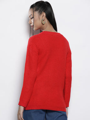 Women Red Knitted Round Neck Full Sleeves Sweater