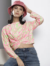 Pink & Green Waves Print Knot Crop Sweatshirt-SASSAFRAS