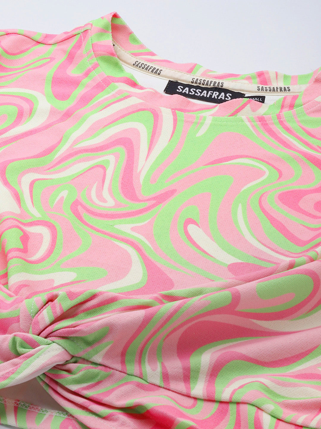 Women Pink & Green Waves Print Knot Crop Sweatshirt