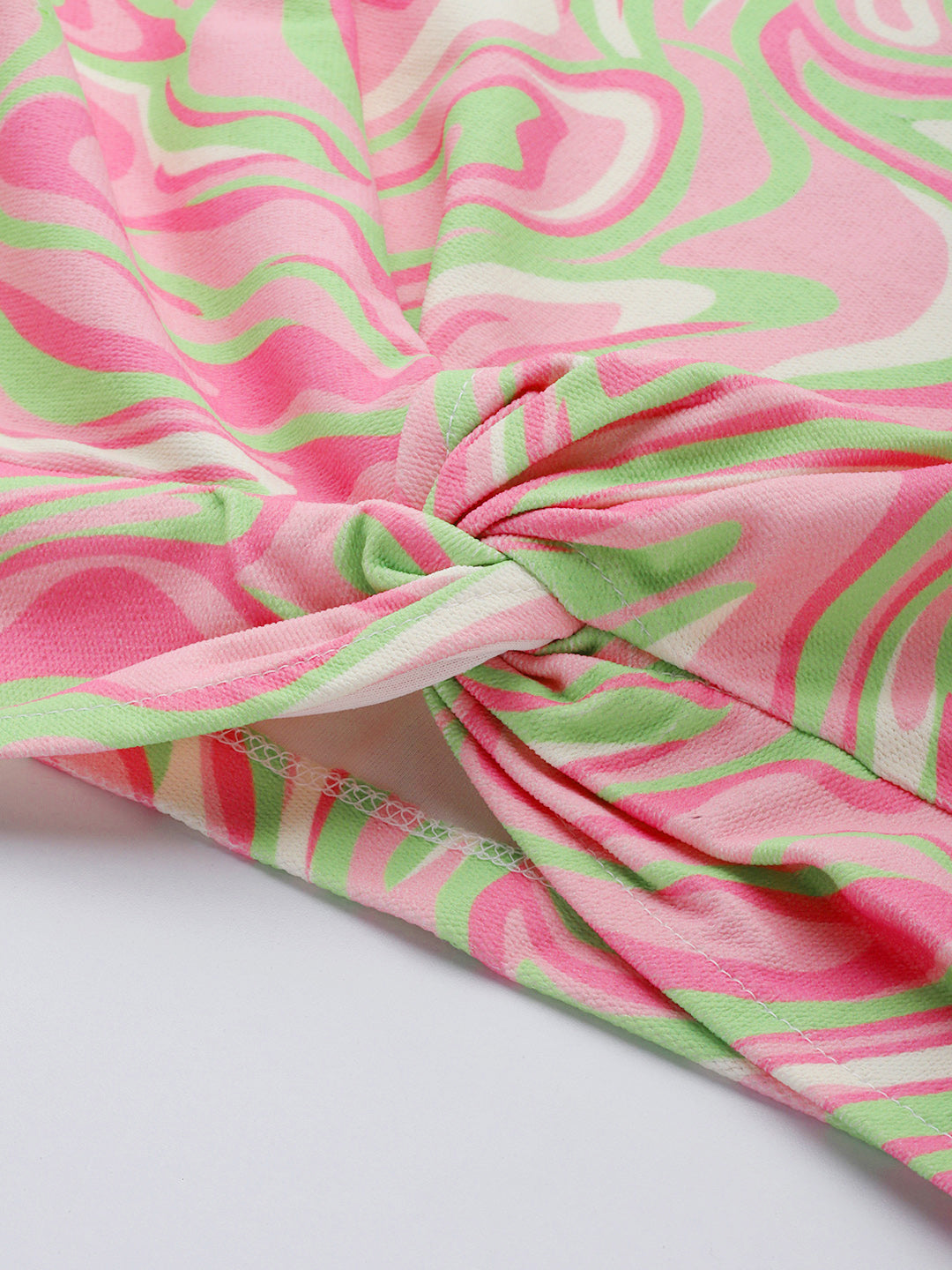 Women Pink & Green Waves Print Knot Crop Sweatshirt