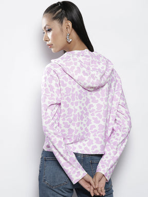 Women Lavender Cow Print Hooded Sweatshirt