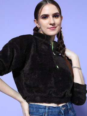 Women Black Fur Front Zipper Crop Sweatshirt