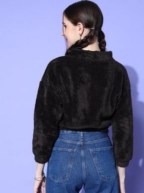 Women Black Fur Front Zipper Crop Sweatshirt