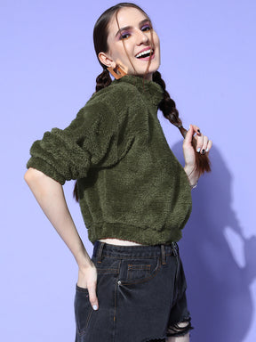 Women Olive Fur Front Zipper Crop Sweatshirt