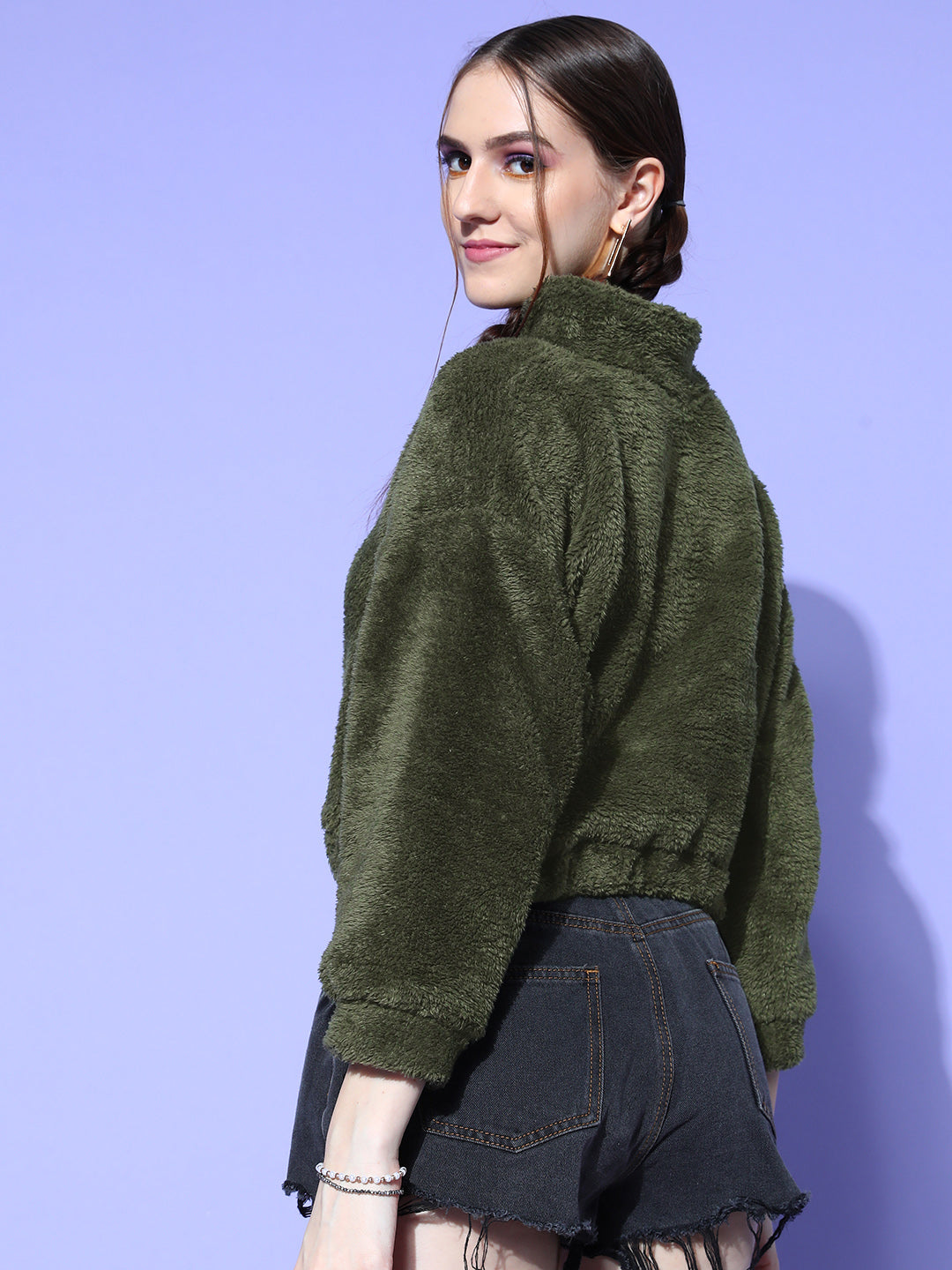 Women Olive Fur Front Zipper Crop Sweatshirt