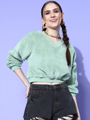 Women Sea Green V-Neck Fur Crop Sweatshirt