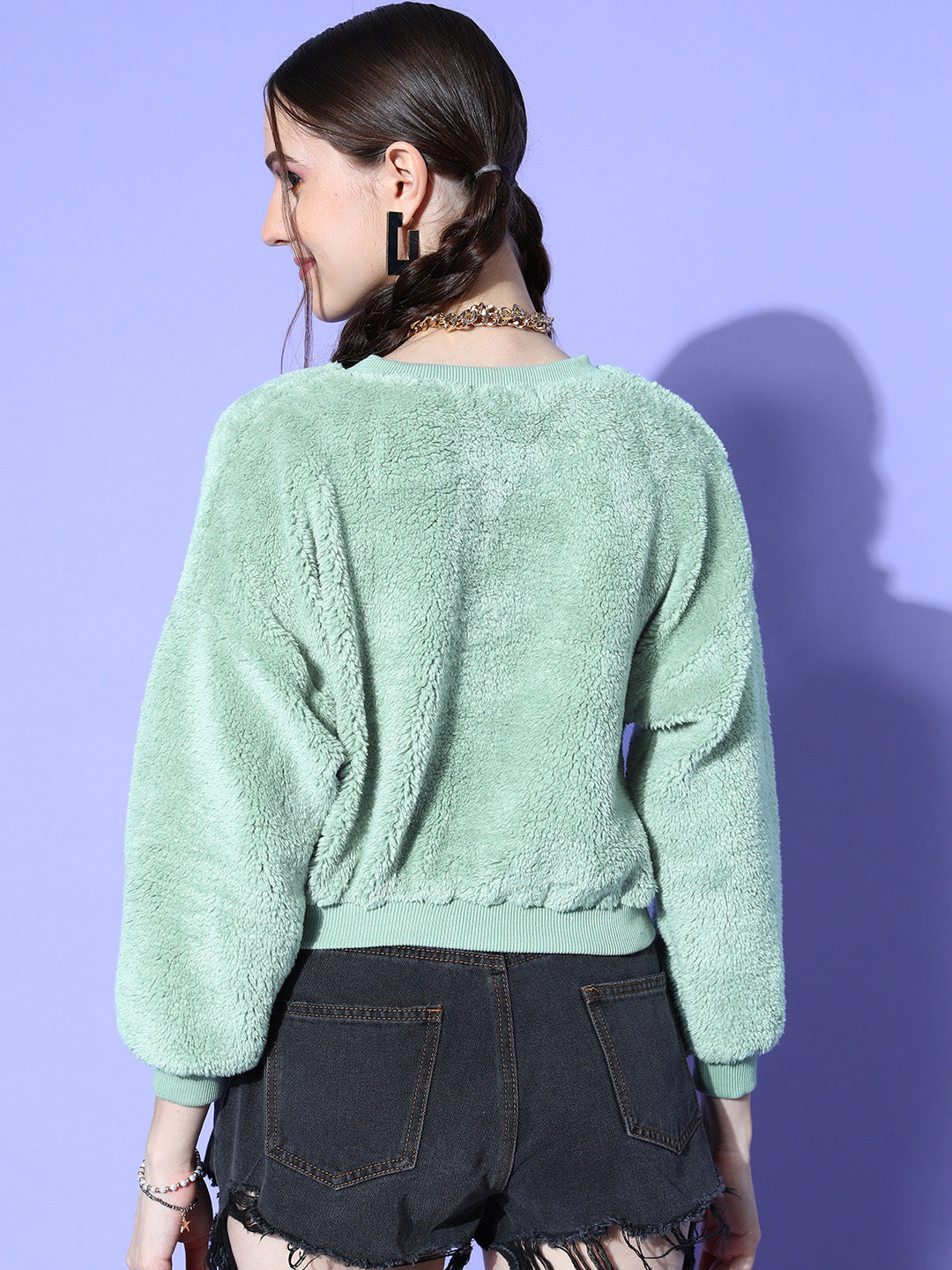 Women Sea Green V-Neck Fur Crop Sweatshirt