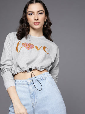 Grey Melange LOVE Pull Hem Crop Sweatshirt-SASSAFRAS