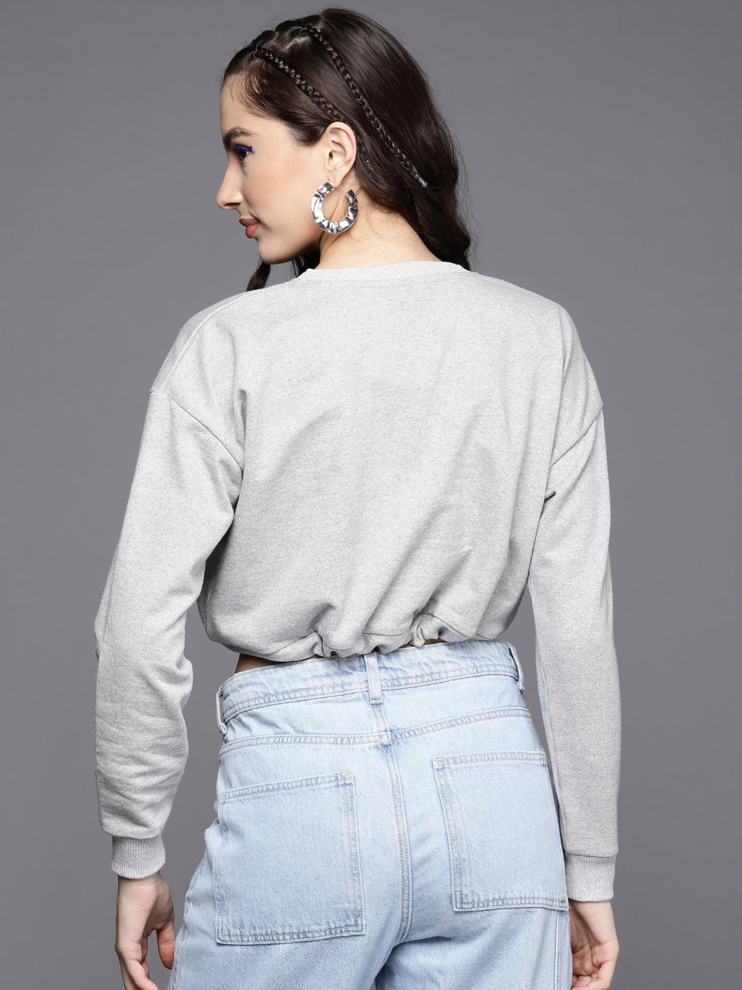 Women Grey Melange LOVE Pull Hem Crop Sweatshirt
