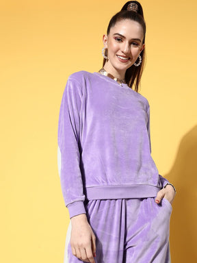 Lavender Velour Contrast Patch Sweatshirt-SASSAFRAS