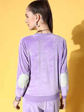 Women Lavender Velour Contrast Patch Sweatshirt