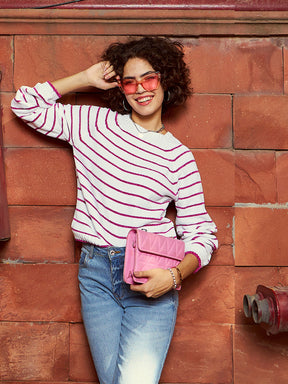 Pink & White Striped Full Sleeves Sweater-SASSAFRAS