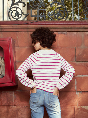 Pink & White Striped Full Sleeves Sweater-SASSAFRAS