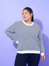 Navy & White Striped Full Sleeves Sweater-SASSAFRAS Curve