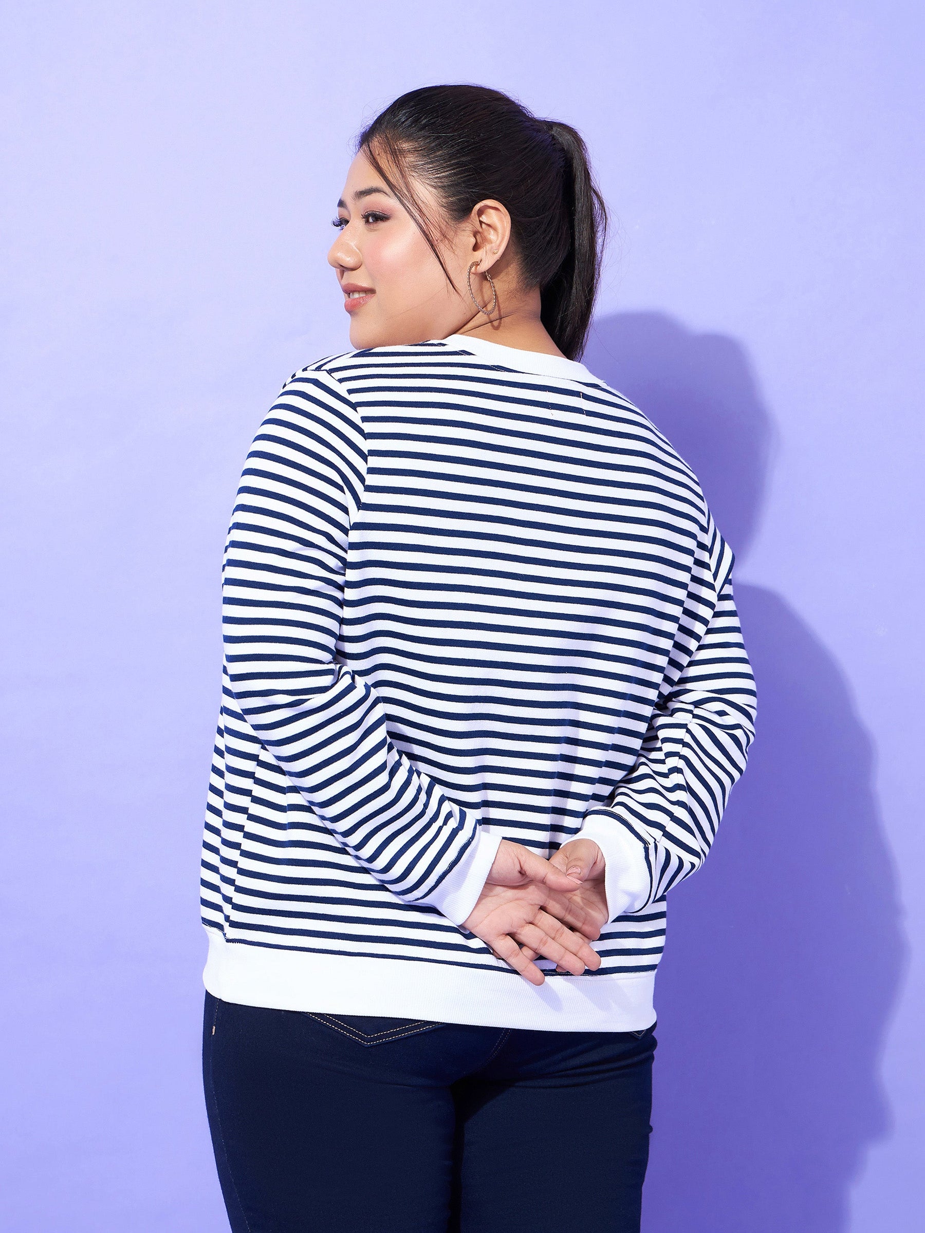 Navy & White Striped Full Sleeves Sweater-SASSAFRAS Curve