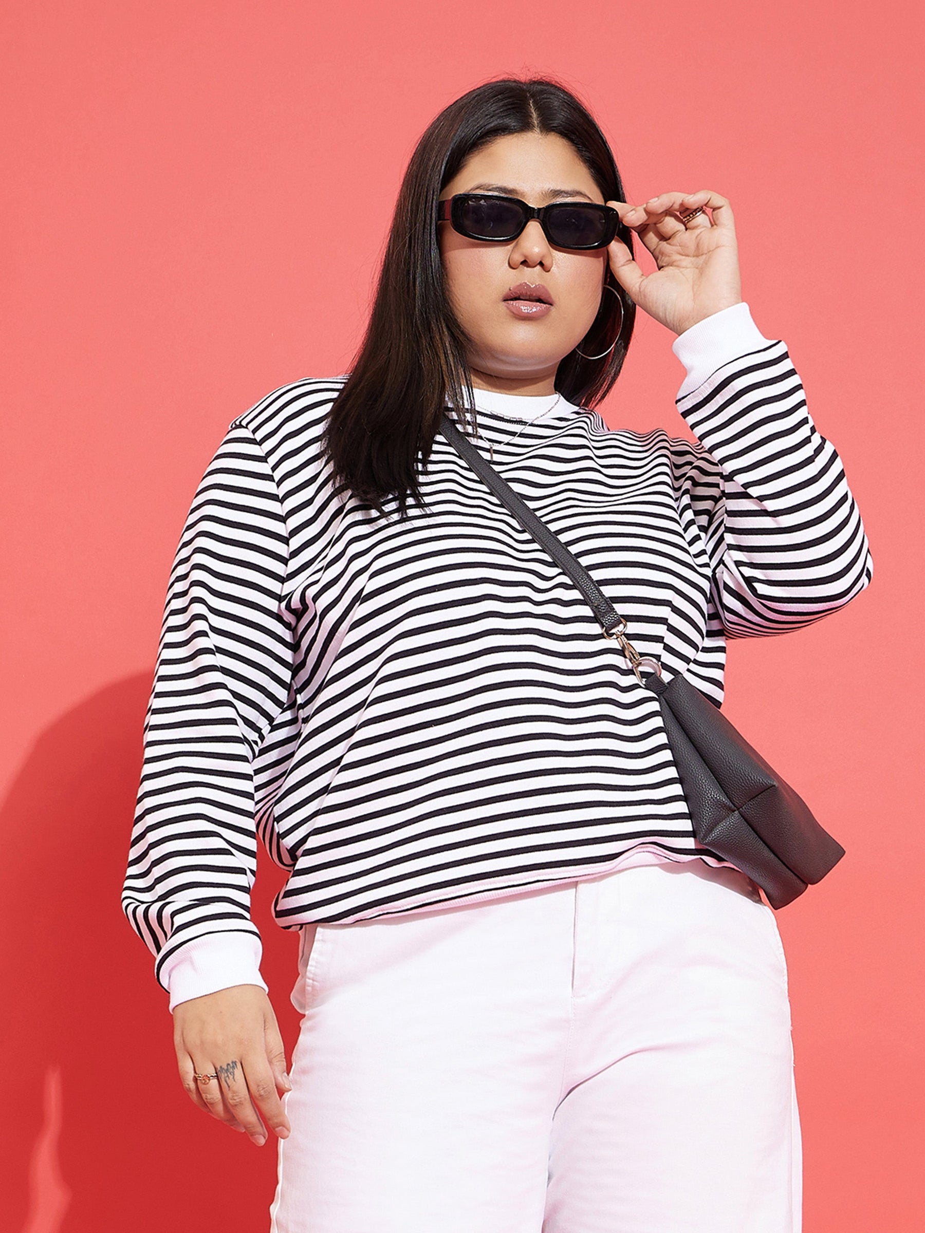 Black & White Striped Full Sleeves Sweater-SASSAFRAS Curve