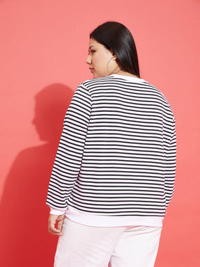 Black & White Striped Full Sleeves Sweater-SASSAFRAS Curve